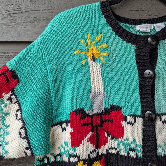 VTG 80s Heirlooms HandKnit 100% Wool Intarsia Christmas Holiday Sweater Medium - Picture 2 of 8